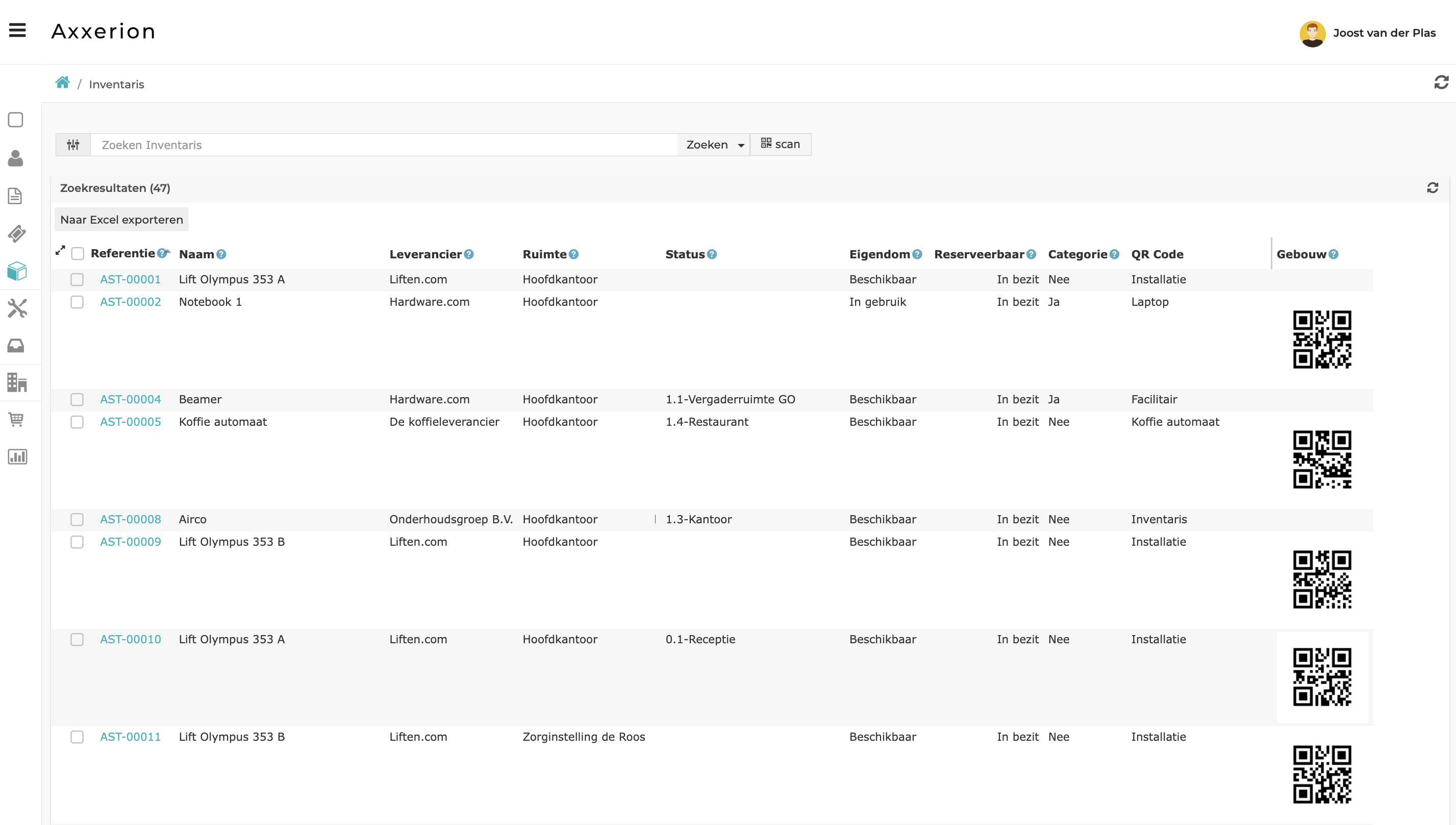 Assets overzichtscherm Axxerion Workplace